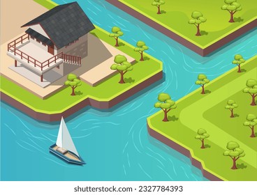isometric park or forest with a flowing river