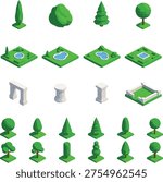 Isometric park and garden element collection featuring trees, bushes, ponds, fountains, columns, archways, fences, vector design