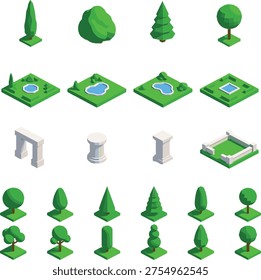 Isometric park and garden element collection featuring trees, bushes, ponds, fountains, columns, archways, fences, vector design