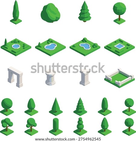 Isometric park and garden element collection featuring trees, bushes, ponds, fountains, columns, archways, fences, vector design
