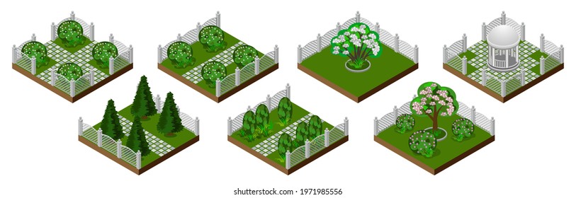 Isometric park or garden set. Summer garden tiles isolated. Trees, bushes, decorative fence, grass. Isometric modules for game or cartoon landscape scenes creating. Vector illustration.