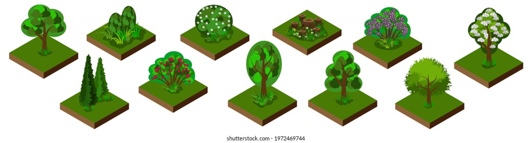 Isometric park or garden set. Trees, bushes and shrubs with grass and flowers. Isolated tiles for game or cartoon landscape background and scenes. Vector illustration