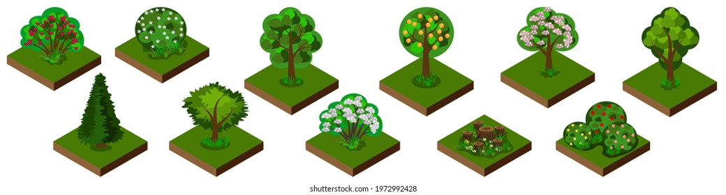 Isometric park or garden set. Trees, bushes and shrubs with grass and flowers. Isolated tiles for game or cartoon landscape background and scenes. Vector illustration