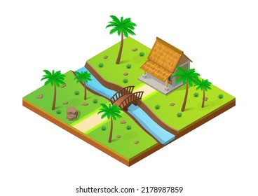isometric park with a house in front of river and bridge