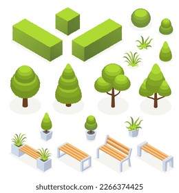 Elementos paisajísticos isométricos del parque. Objetos al aire libre de la ciudad en 3d. Moderno banco de calle con parterres de árboles. Ilustración del vector