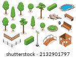 Isometric park landscape elements icon set with trees bushes flower bed pond gazebo bridge different types of benches fences and street lamps vector illustration