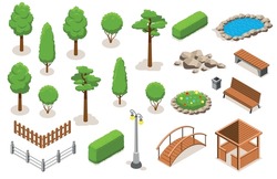 Isometric Park Landscape Elements Icon Set With Trees Bushes Flower Bed Pond Gazebo Bridge Different Types Of Benches Fences And Street Lamps Vector Illustration