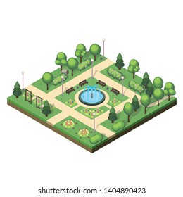 Isometric park landscape with green plants, flower beds, fountain, benches and swings. Vector illustration on white background.