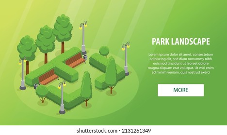 Isometric park landscape horizontal banner with big headline and white more button vector illustration