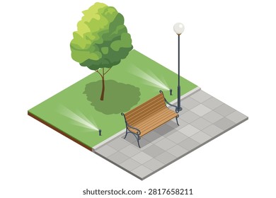 Isometric park landscape with tree, bench, lamp, walkway and automatic lawn sprinkler, illustrating public garden irrigation, landscape care, water management and urban green space