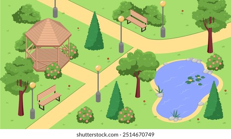 Isometric park map. Top view of roads with wooden gazebo, lantern and lake. Spring and summer landscape. Beautiful natural panorama. Public city park. 3D vector illustration