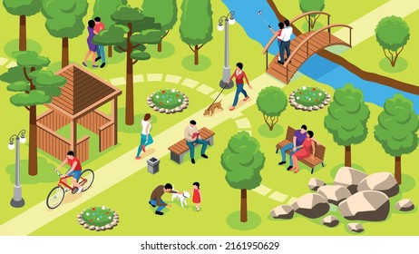 Isometric park people composition people relax play and ride bicycles in picturesque and beautifully manicured park vector illustration