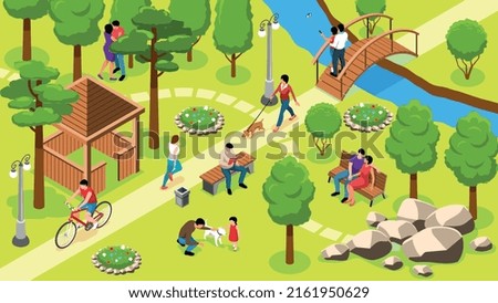 Isometric park people composition people relax play and ride bicycles in picturesque and beautifully manicured park vector illustration