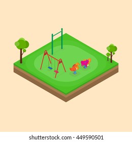 Isometric Park Playground Equipment set for Children Playing Stations vector illustration.