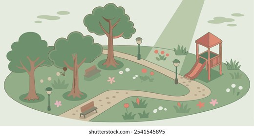 Parque isométrico com corrediça, lanternas e bancada