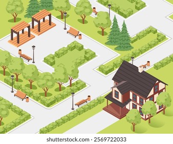 Isometric park with trees, benches, and pathways in a residential area. Suitable for outdoor or real estate visuals. Vector illustration