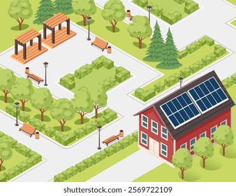 Isometric park with trees, benches, pathways, and a gazebo. Perfect for urban or outdoor designs. Vector illustration