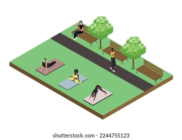 Isometric park in which people do yoga, read books and relax.Vector illustration isolated on white background. healthy lifestyle and sport.