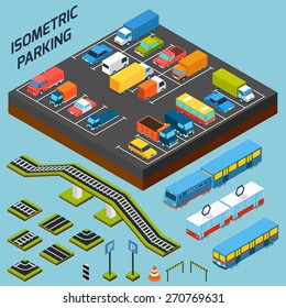 Isometric parking with 3d cars trucks and and buses elements isolated vector illustration