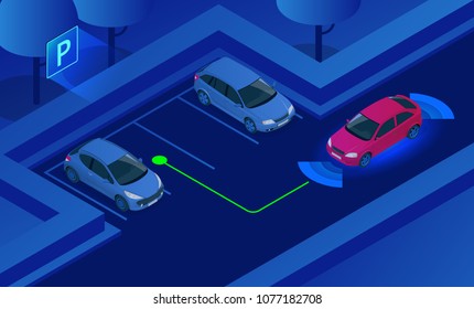 Isometric Parking Assist System vector illustration. Car technology with sensors . Sensors scanning free space to park. Generic park pilot parktronic electronic aid system sensors with maneuver.