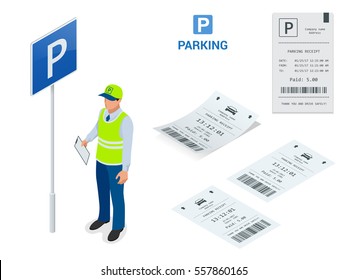 Isometric Parking Attendant. Parking ticket machines and barrier gate arm operators are installed at the entrance and exit of parking area as tools to charge parking fee.