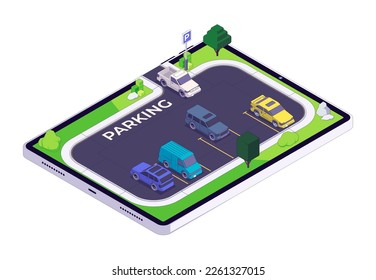 Isometric parking. City cars in parking lot, flat automobile icons on reserved place, urban auto traffic, carsharing carpooling concept. Vector illustration. Tablet with application for parking