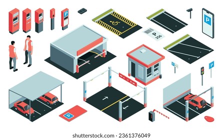 Conjunto de colores de estacionamiento isométrico con íconos aislados de las máquinas de venta de billetes cajeros de caja de los autos y la ilustración de los vectores de personas