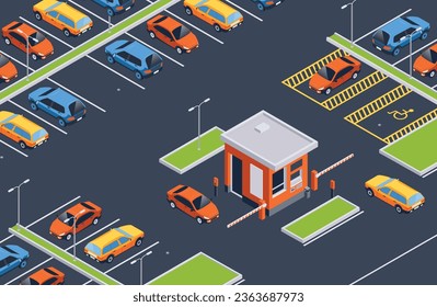 Isometric parking composition with outdoor view of parking lot with cars laying and cash register booth vector illustration