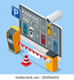 Isometric parking lot displayed on screen. Car park location. Online searching free parking place on the map. GPS Navigation. Smart parking concept with parking lot with cars vehicle carpark map.
