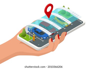 Isometric parking lot displayed on screen. Car park location on Smartphone. Smartphone application for online searching free parking place on the map. GPS Navigation.