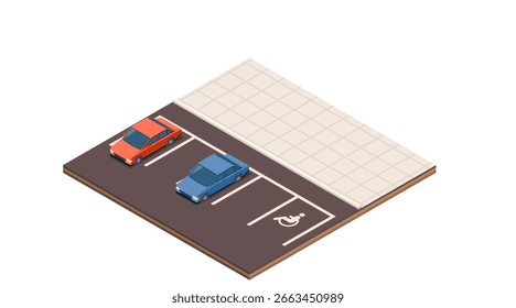 Isometric parking elements. Asphalt surface with white markings. Parked vehicles in red and blue. Adjacent tiled area with grid pattern. Vector illustration isolated on white background.