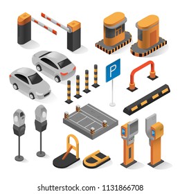 Isometric parking elements. City outside area of ground to leave a car for a period of time, parking lot service center. Vector city parking illustration