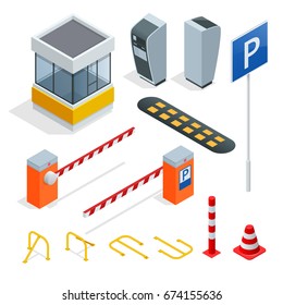 Isometrisches Parking isometrische Elemente Set . Symbole für Parkplätze. Geldbußen und Parkelemente. Parkzone-Symbol in Set-Sammlung