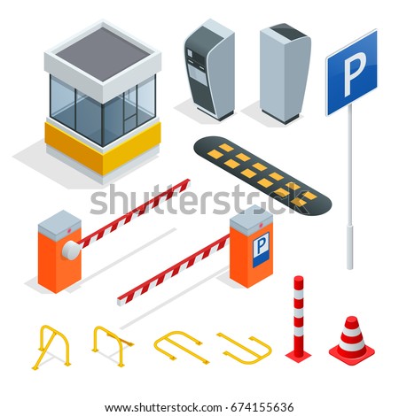 Isometric Parking isometric elements set . Icons for parking cars. Fines and elements of parking. Parking zone icon in set collection