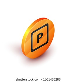 Isometric Parking icon isolated on white background. Street road sign. Orange circle button. Vector Illustration