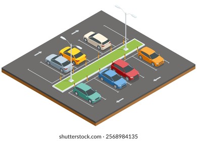 Isometric parking lot illustration with multiple cars and green spaces. Vector graphic showcasing road signs, arrows, and street lights