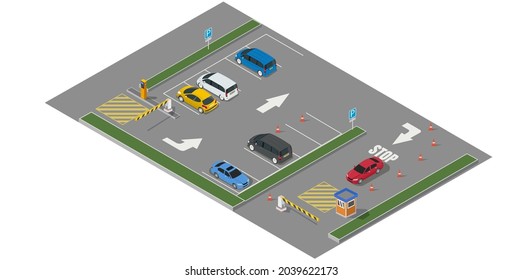 isometric parking location with automatic entrance with parked car and access control