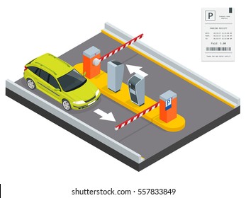 Isometric Parking payment station, access control concept. Parking ticket machines and barrier gate arm operators are installed at the entrance and exit of parking area as tools to charge parking fee.