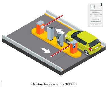 Isometric Parking payment station, access control concept. Parking ticket machines and barrier gate arm operators are installed at the entrance and exit of parking area as tools to charge parking fee.