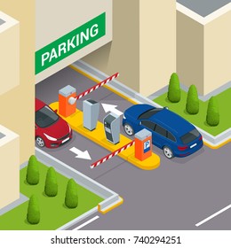 Isometric Parking payment station, access control concept. Parking ticket machines and barrier gate arm operators are installed at the entrance and exit of parking area as tools to charge parking fee.