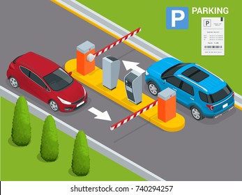 Isometric Parking payment station, access control concept. Parking ticket machines and barrier gate arm operators are installed at the entrance and exit of parking area as tools to charge parking fee.