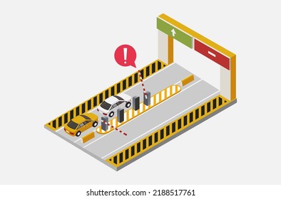 Isometric parking payment station. Public car park with cars. Indoor car park in the city. City parking lot with cars. Car in the parking lot and Parking entrance. Vector.