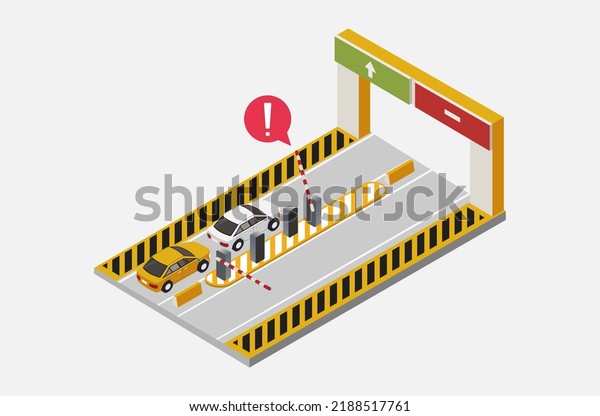 Isometric parking payment\
station. Public car park with cars. Indoor car park in the city.\
City parking lot with cars. Car in the parking lot and Parking\
entrance. Vector.