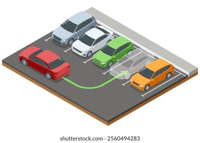 Isometric parking scene with multiple cars in a parking lot. A red car is reversing with a green guide arrow indicating its parking maneuver. Various parked vehicles surround the lot