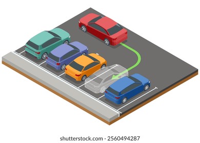 Isometric parking scene with multiple cars in a parking lot. A red car is reversing with a green guide arrow indicating its parking maneuver. Various parked vehicles surround the lot