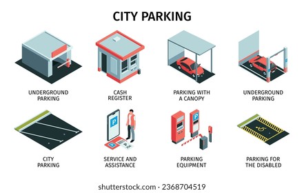 Isometric parking set of isolated icons with cash register booth asphalt laying and cars with text vector illustration