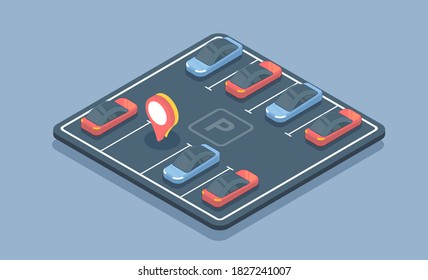 Isometric parking space cars. parking place geo tag pin icon.