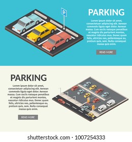 Isometric parking space cars vector illustration city background