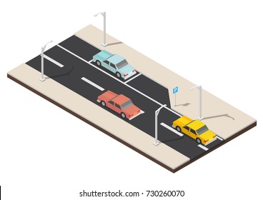 Isometric parking space cars vector illustration city background