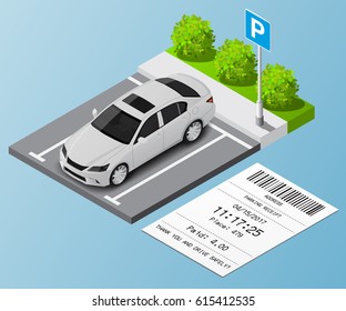 Isometric parking ticket and car in the parking  lot.